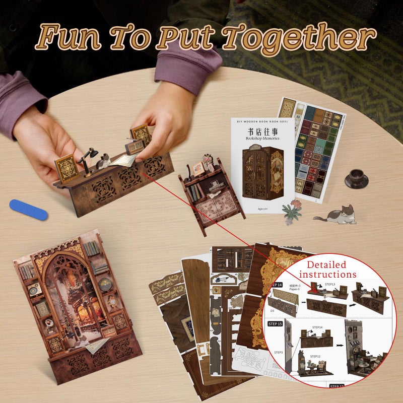 مجموعة Cutefun Book Nook Kit - مجموعة مصغرة لبيت الدمى من أجل رف الكتب وحرف الديكور للبالغين ثلاثية الأبعاد خشبية لغز الكتب عيد الميلاد للعائلة والأصدقاء (ذكريات مكتبة) - Image 5